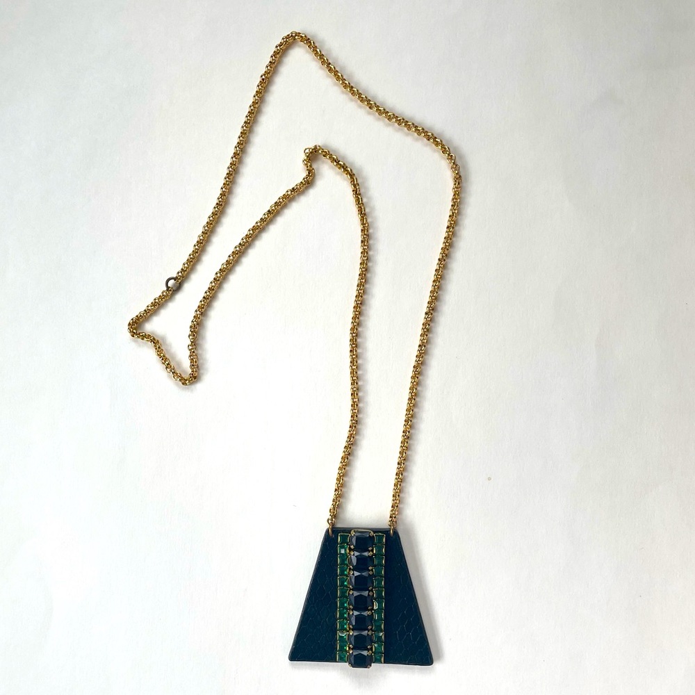 Sandy Hyun Long Embossed Leather Black & Green Rhinestone Art Deco Gold Necace